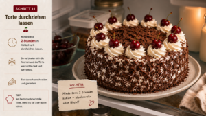 Vegane Schwarzwälder Kirschtorte mindestens zwei Stunden im Kühlschrank durchziehen lassen, bevor du sie anschneidest.