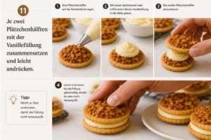 Je zwei Plätzchenhälften mit der Vanillefüllung zusammensetzen und leicht andrücken.