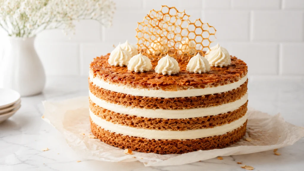 Mehrschichtige Bienenstich Torte im modernen Naked-Cake-Look mit karamellisierter Mandelkruste und cremiger Vanillefüllung