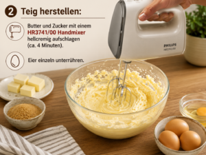 Teig herstellen: Butter und Zucker mit einem HR3741/00 Handmixer hellcremig aufschlagen (ca. 4 Minuten). Eier einzeln unterrühren.