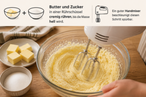 Butter und Zucker in einer Rührschüssel cremig rühren, bis die Masse hell wird. Ein guter Handmixer beschleunigt diesen Schritt spürbar