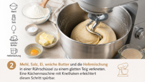 Mehl, Salz, Ei, weiche Butter und die Hefemischung in einer Rührschüssel zu einem glatten Teig verkneten. Eine Küchenmaschine mit Knethaken erleichtert diesen Schritt spürbar.