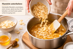 Mandeln unterheben: Gehobelte Mandeln unterheben, nicht rühren, damit sie ihre Form behalten und die Kruste später schön knusprig wird.