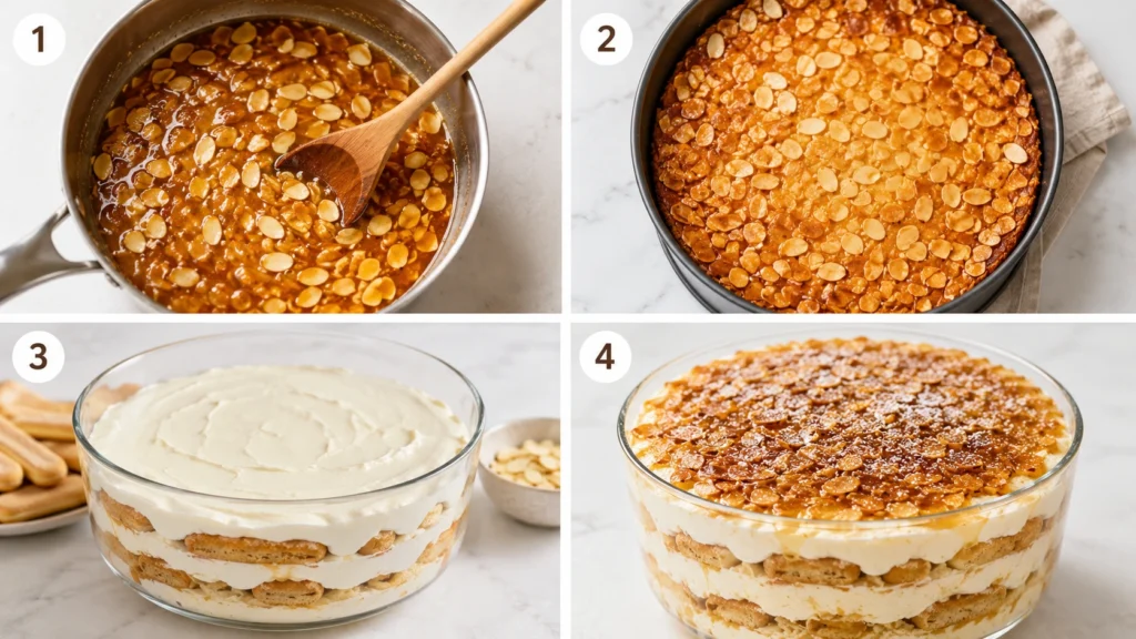Schritt-für-Schritt-Collage zur Zubereitung von Bienenstich Tiramisu mit Honig-Mandel-Kruste, geschichteter Mascarponecreme und fertigem Dessert.