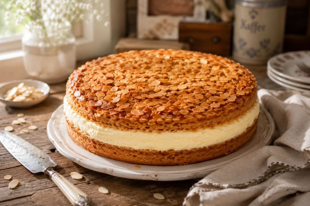 Klassische Bienenstich Torte mit karamellisierter Mandelkruste auf rustikalem Holztisch