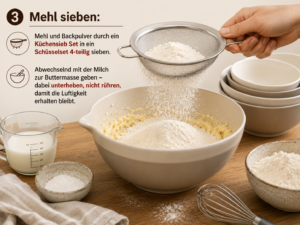 Mehl sieben: Mehl und Backpulver durch ein Küchensieb Set in ein Schüsselset 4-teilig sieben. Abwechselnd mit der Milch zur Buttermasse geben – dabei unterheben, nicht rühren, damit die Luftigkeit erhalten bleibt