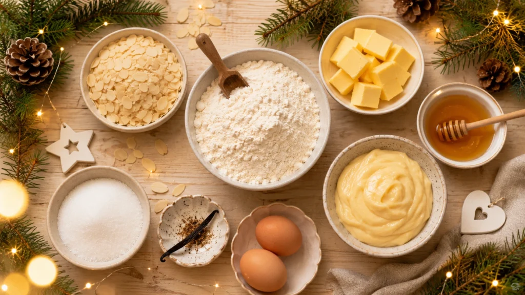 Zutaten für Bienenstich Plätzchen mit Mehl, Butter, Honig, Mandeln, Vanillecreme und Eiern, weihnachtlich dekoriert.