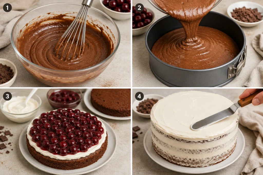 Schritt-für-Schritt-Collage zur Zubereitung der veganen Schwarzwälder Kirschtorte mit Schokoladenteig, Kirschfüllung, veganer Sahne und Glasur.