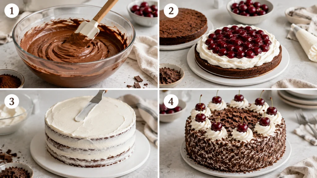 Schritt-für-Schritt-Collage zur Zubereitung einer Original Schwarzwälder Kirschtorte