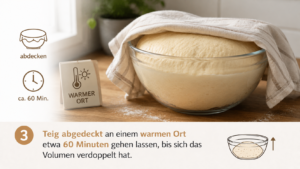 Teig abgedeckt an einem warmen Ort etwa 60 Minuten gehen lassen, bis sich das Volumen verdoppelt hat.