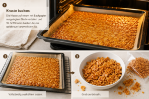 Kruste backen: Die Masse auf einem mit Backpapier ausgelegten Blech verteilen und 10–12 Minuten backen, bis sie goldbraun karamellisiert ist. Vollständig auskühlen lassen und grob zerbröseln.
