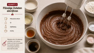Pflanzliche Milch, Öl, Apfelessig und Kaffee in die trockenen Zutaten einrühren, bis ein glatter Teig entsteht. Ein stabiles Handrührgerät erleichtert diesen Schritt deutlich.