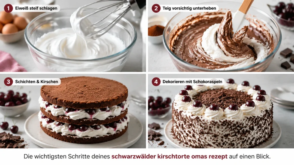 Schwarzwälder Kirschtorte Omas Rezept in vier Schritten mit Schokoladenbiskuit, Sahne und Kirschen