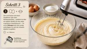 Eier und Zucker mit einem Handmixer oder einer Küchenmaschine — praktisch ist hier ein stabiles Modell wie das unten empfohlene Handrührgerät — für etwa 5 Minuten hell und cremig aufschlagen, bis sich das Volumen deutlich vergrößert.