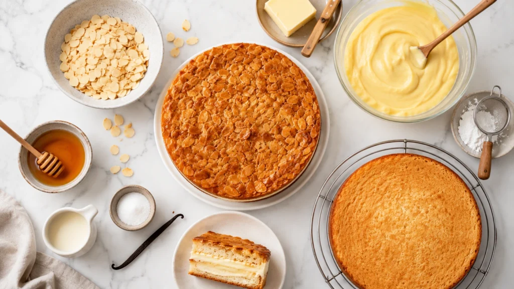 Zutaten für Bienenstich Torte als Flat Lay mit Mandeln, Honig, Vanillecreme und Biskuitboden
