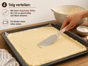 Teig verteilen: Mit einem Teigschaber Silikon 26 x 5,5 cm gleichmäßig aufs Blech streichen. Die Ränder etwas höher ziehen.