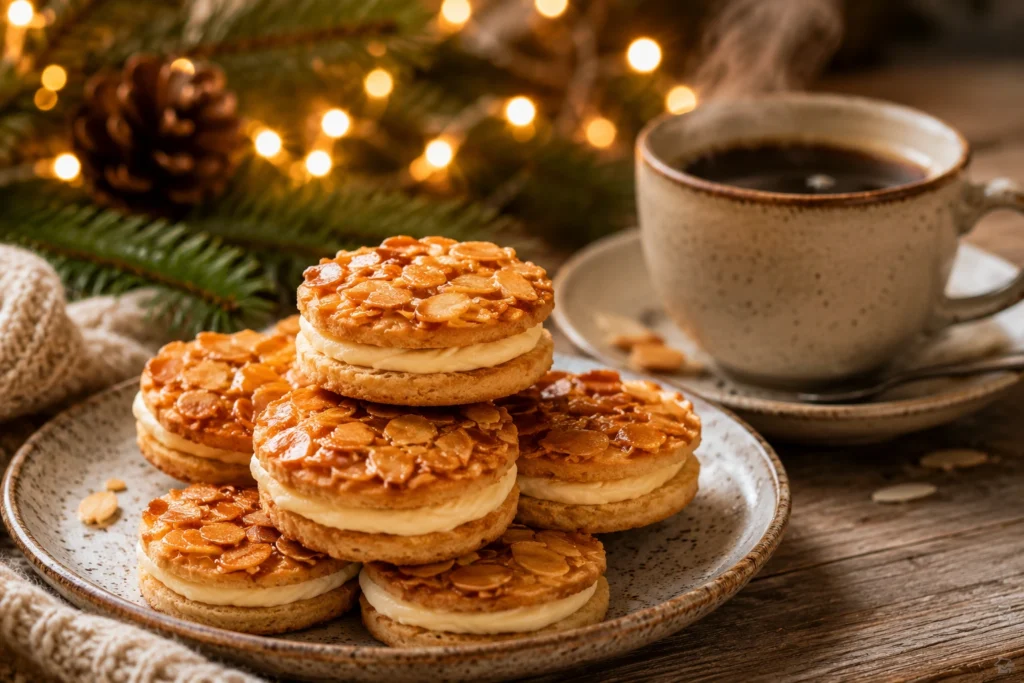 Bienenstich Plätzchen mit Mandelkruste und Vanillecreme neben einer Tasse Kaffee.