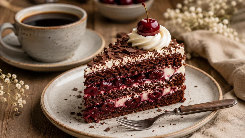 Serviervorschlag der veganen Schwarzwälder Kirschtorte mit einem Stück Schokoladen-Kirsch-Torte auf einem Teller, einer Gabel und einer Tasse schwarzem Kaffee.