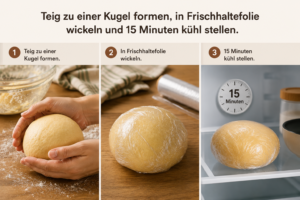 Teig zu einer Kugel formen, in Frischhaltefolie wickeln und 15 Minuten kühl stellen.