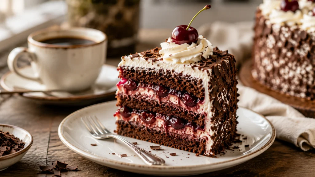 Serviertes Stück Original Schwarzwälder Kirschtorte mit Kaffee im Hintergrund