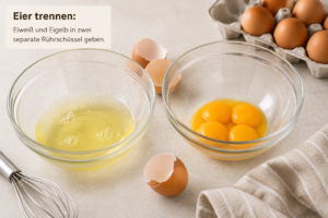 Eier trennen: Eiweiß und Eigelb in zwei separate Rührschüssel geben.