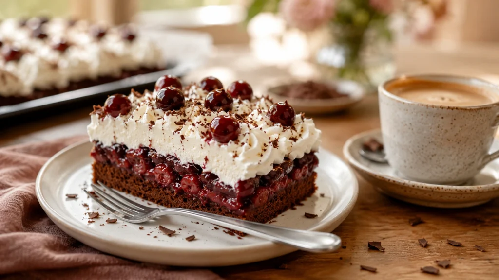Serviertes Stück Schwarzwälder Kirschtorte vom Blech mit Kaffee