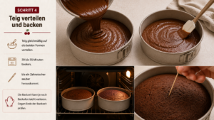 Teig gleichmäßig auf die beiden Formen verteilen und 30 bis 35 Minuten backen, bis ein Zahnstocher sauber herauskommt.