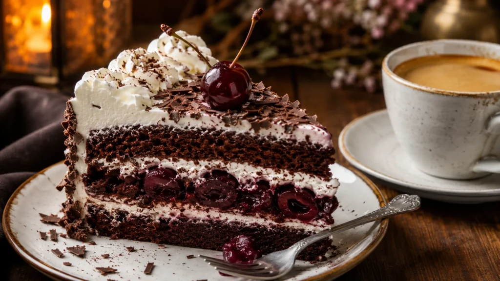 Ein Stück Schwarzwälder Kirschtorte Omas Rezept mit Schokoladenbiskuit, Sahne, Kirschen und einer Tasse Kaffee serviert