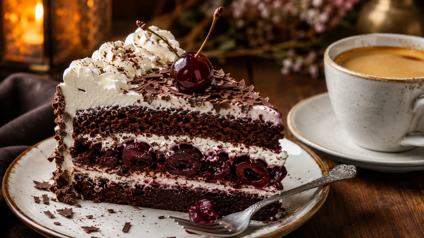 Ein Stück Schwarzwälder Kirschtorte Omas Rezept mit Schokoladenbiskuit, Sahne, Kirschen und einer Tasse Kaffee serviert