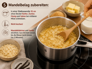 Mandelbelag zubereiten: In einer Stielkasserolle 16cm ohne Deckel Butter, Zucker, Honig und Sahne bei mittlerer Hitze schmelzen. Nicht kochen! Mandelblättchen und Vanille einrühren, kurz köcheln lassen, bis die Masse leicht bindet (ca. 2 Minuten).