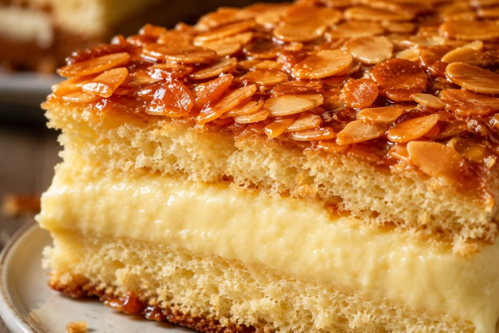 Makroaufnahme eines Bienenstich-Tortenstücks mit karamellisierter Mandelkruste und cremiger Vanillefüllung
