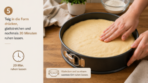 Teig in die Form drücken, glattstreichen und nochmals 20 Minuten ruhen lassen.