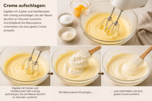 Creme aufschlagen: Eigelbe mit Zucker und Vanillezucker hell-cremig aufschlagen, bis die Masse deutlich an Volumen zunimmt. Anschließend die Mascarpone unterheben, bis eine glatte Creme entsteht.