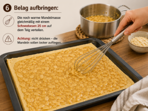 Mandelbelag zubereiten: In einer Stielkasserolle 16cm ohne Deckel Butter, Zucker, Honig und Sahne bei mittlerer Hitze schmelzen. Nicht kochen! Mandelblättchen und Vanille einrühren, kurz köcheln lassen, bis die Masse leicht bindet (ca. 2 Minuten).