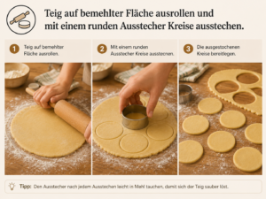 Teig auf bemehlter Fläche ausrollen und mit einem runden Ausstecher Kreise ausstechen.