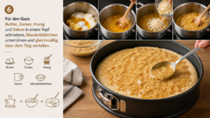 Für den Guss Butter, Zucker, Honig und Sahne in einem Topf schmelzen, Mandelblättchen unterrühren und gleichmäßig über dem Teig verteilen.