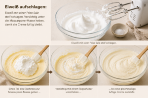 Eiweiß aufschlagen: Eiweiß mit einer Prise Salz steif schlagen. Vorsichtig unter die Mascarpone-Masse heben, damit die Creme luftig bleibt.