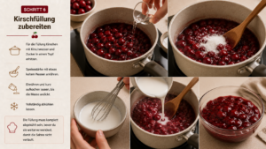 Für die Füllung Kirschen mit Kirschwasser und Zucker in einem Topf erhitzen. Speisestärke mit etwas kaltem Wasser anrühren, einrühren und kurz aufkochen lassen, bis die Masse andickt. Vollständig abkühlen lassen.