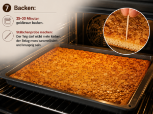 Backen: 25–30 Minuten goldbraun backen. Stäbchenprobe machen: Der Teig darf nicht mehr kleben, der Belag muss karamellisiert und knusprig sein.