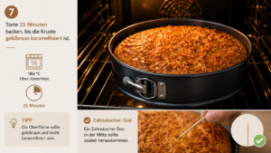 Torte 25 Minuten backen, bis die Kruste goldbraun karamellisiert ist. Ein Zahnstocher-Test in der Mitte sollte sauber herauskommen.