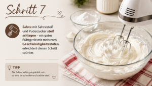 Sahne mit Sahnesteif und Puderzucker steif schlagen – ein gutes Rührgerät mit mehreren Geschwindigkeitsstufen erleichtert diesen Schritt spürbar.