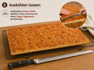 Auskühlen lassen: Vollständig auf einem Gitter abkühlen, dann horizontal mit einem langen Sägemesser durchtrennen.