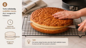 Torte vollständig auskühlen lassen, dann waagerecht halbieren.