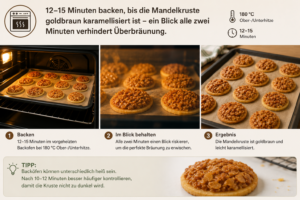 12-15 Minuten backen, bis die Mandelkruste goldbraun karamellisiert ist – ein Blick alle zwei Minuten verhindert Überbräunung.