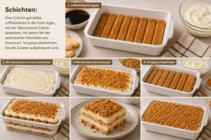 Schichten: Eine Schicht getränkte Löffelbiskuits in die Form legen, mit der Mascarpone-Creme bedecken, mit einem Teil der zerbröselten Mandelkruste bestreuen. Vorgang wiederholen, bis alle Zutaten aufgebraucht sind.