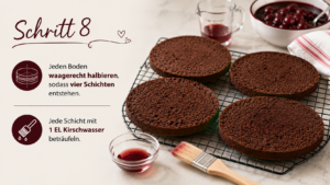 Jeden Boden waagerecht halbieren, sodass vier Schichten entstehen. Jede Schicht mit 1 EL Kirschwasser beträufeln.Jeden Boden waagerecht halbieren, sodass vier Schichten entstehen. Jede Schicht mit 1 EL Kirschwasser beträufeln.