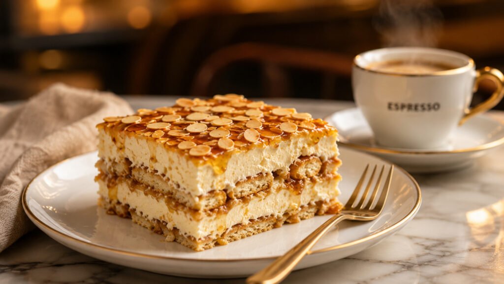 Serviertes Stück Bienenstich Tiramisu auf einem Dessertteller mit Gabel und dampfendem Espresso im Hintergrund.