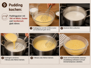 Pudding kochen: Puddingpulver mit 100 ml Milch, Zucker und Vanillemark glatt rühren. Restliche Milch aufkochen, Puddingmix einrühren, 1 Minute unter Rühren köcheln. Direkt mit Frischhaltefolie abdecken (Hautbildung verhindern) und auf Zimmertemperatur abkühlen.