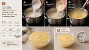 Für die Füllung Milch mit Zucker erhitzen, Puddingpulver einrühren und unter Rühren aufkochen lassen, bis die Masse andickt. Vollständig abkühlen lassen.