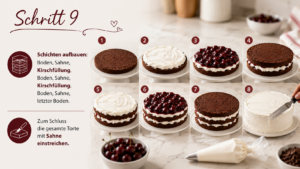 Schichten aufbauen: Boden, Sahne, Kirschfüllung, Boden, Sahne, Kirschfüllung, Boden, Sahne, letzter Boden. Zum Schluss die gesamte Torte mit Sahne einstreichen.